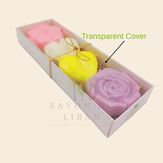 Happy Delight soap gift box with heart and flower soaps in white, pink, yellow, and mauve – Savon du Liban