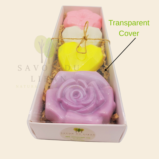 Happy Delight soap gift box with heart and flower soaps in white, pink, yellow, and mauve – Savon du Liban