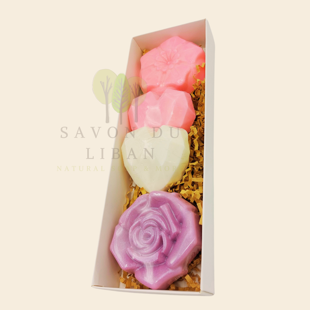 Happy Delight soap gift box with heart and flower soaps in white, pink, yellow, and mauve – Savon du Liban
