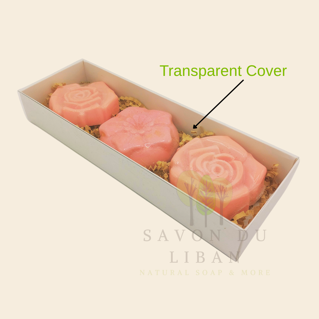 Let the spirit of Beirut bloom in every gesture. Ward Beirut is a beautifully curated gift box with transparent cover (23 x 8 x 3.5 cm) featuring three handcrafted glycerin soaps, each molded into delicate pink flowers.