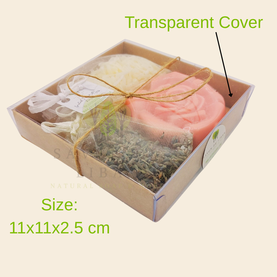 Scentful Sensation, a thoughtful kraft gift box (11 x 11 x 2.5 cm with transparent cover) with 1 soap flower, 1 lavender buds bag, 1 grated soap bag. Handmade in Lebanon.