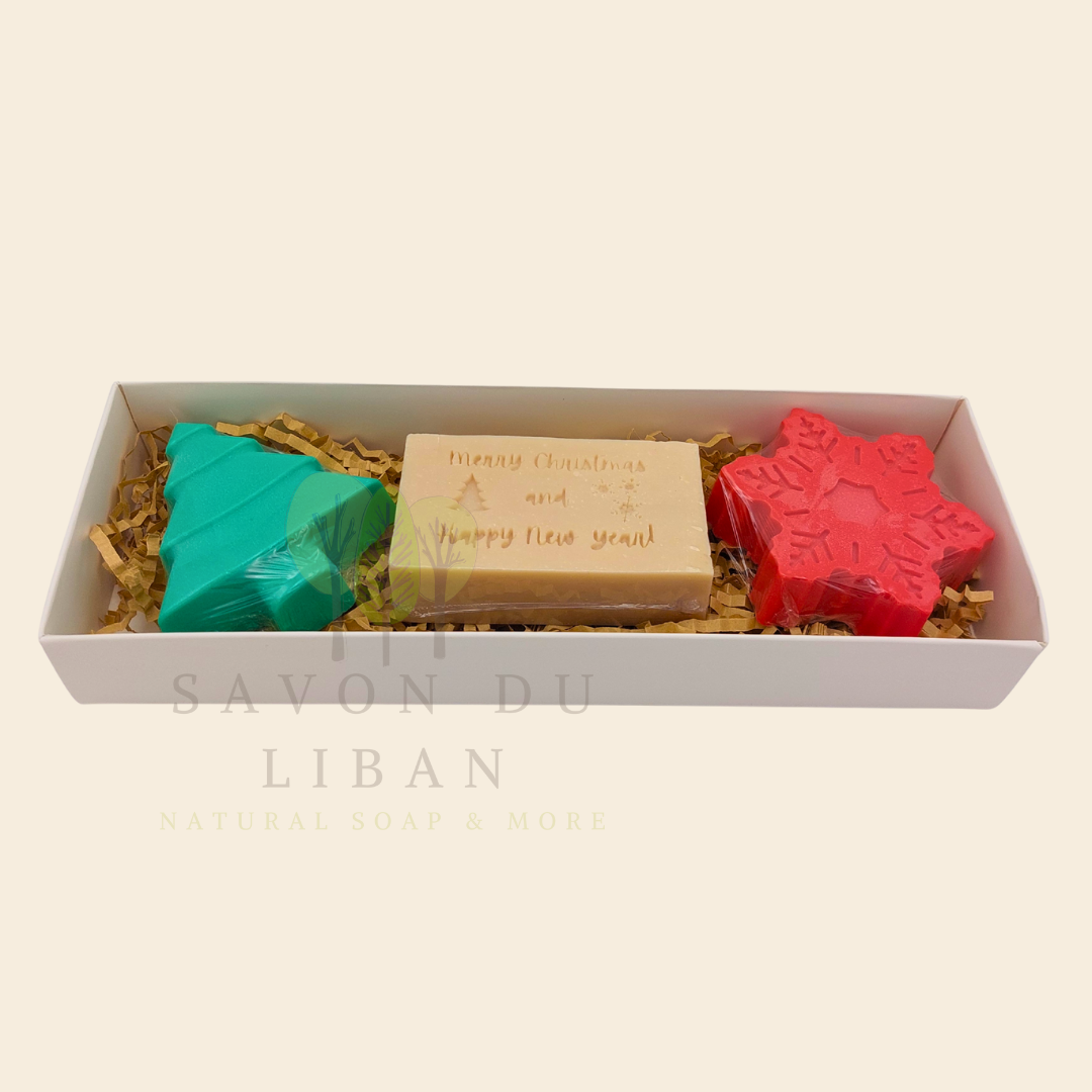 Holiday soap trio with engraved Merry Christmas & Happy New Year message