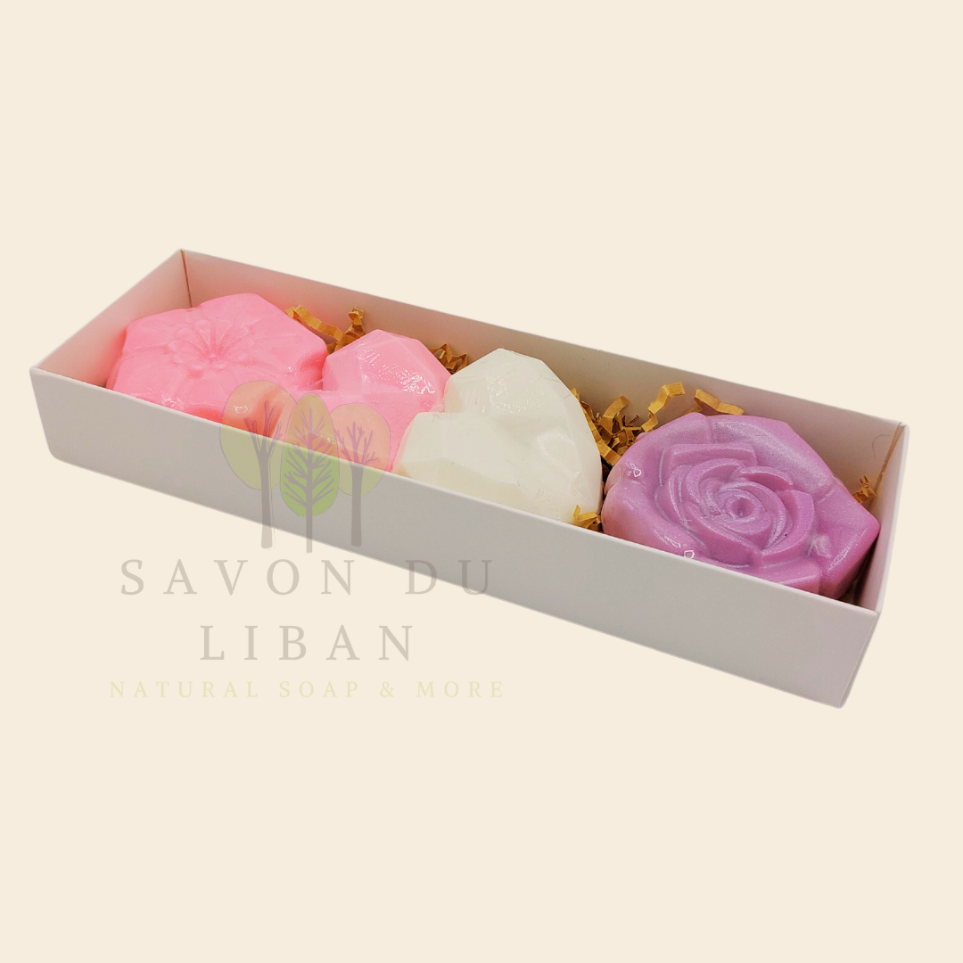 Happy Delight soap gift box with heart and flower soaps in white, pink, yellow, and mauve – Savon du Liban