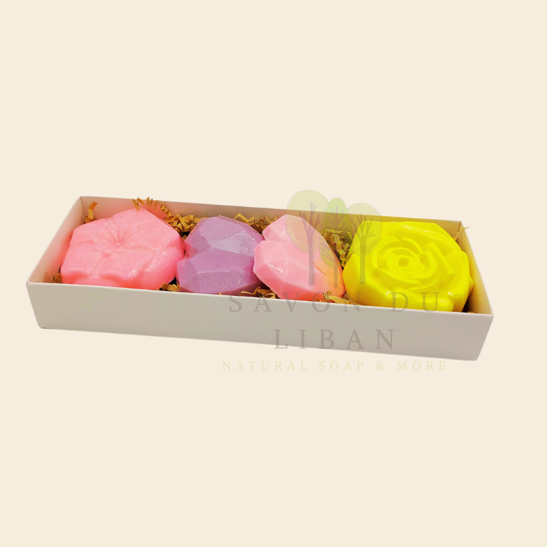 Happy Delight soap gift box with heart and flower soaps in white, pink, yellow, and mauve – Savon du Liban