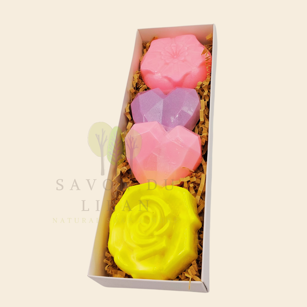 Happy Delight soap gift box with heart and flower soaps in white, pink, yellow, and mauve – Savon du Liban