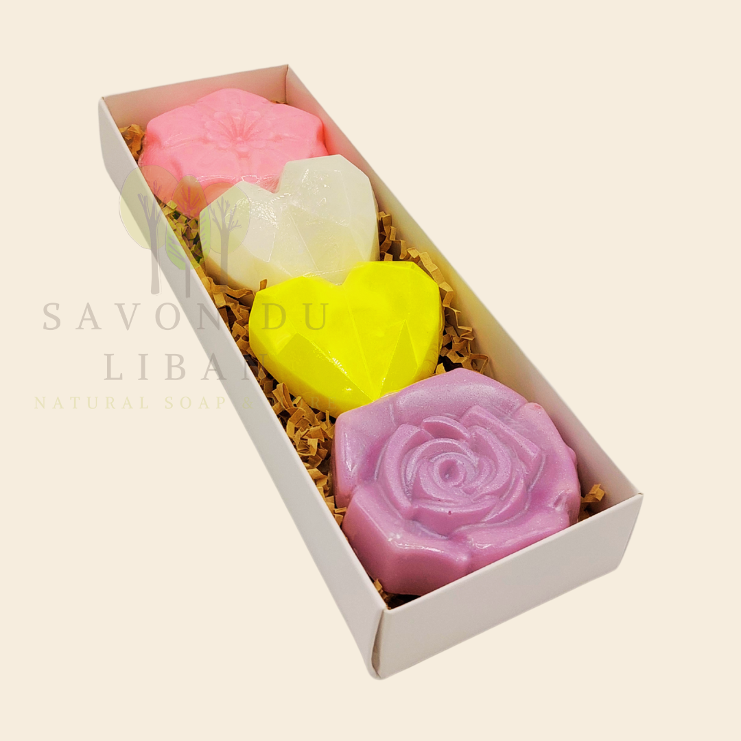 Happy Delight soap gift box with heart and flower soaps in white, pink, yellow, and mauve – Savon du Liban