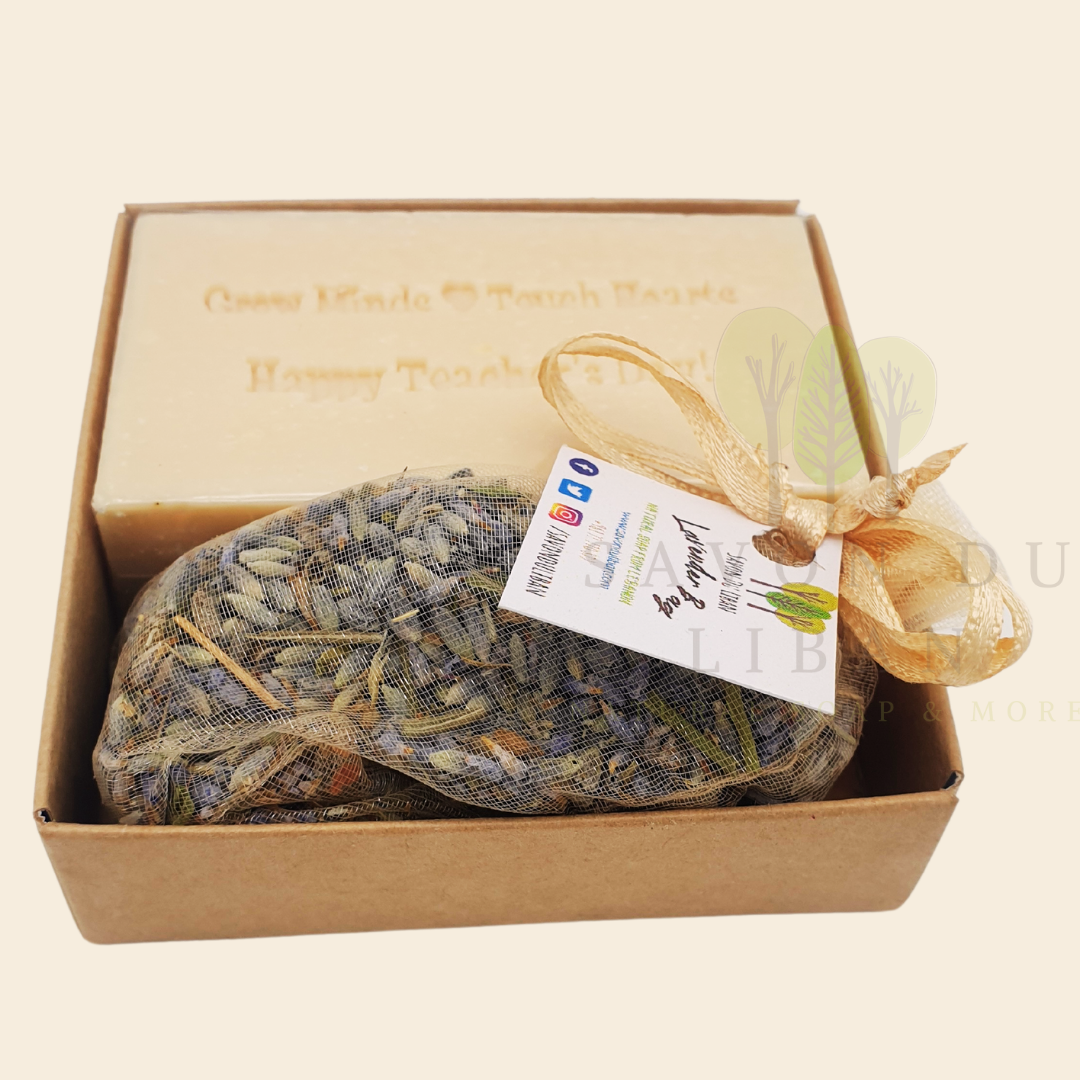 Teacher's Serenity Gift Box with Transparent Cover for Teacher's Day: Stamped Soap with 'Grow Minds ❤️ Touch Hearts' Message and Lavender Bag.