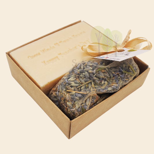 Teacher's Serenity Gift Box with Transparent Cover for Teacher's Day: Stamped Soap with 'Grow Minds ❤️ Touch Hearts' Message and Lavender Bag.