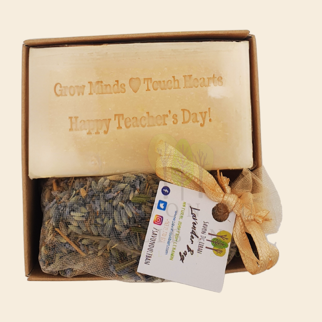 Teacher's Serenity Gift Box with Transparent Cover for Teacher's Day: Stamped Soap with 'Grow Minds ❤️ Touch Hearts' Message and Lavender Bag.