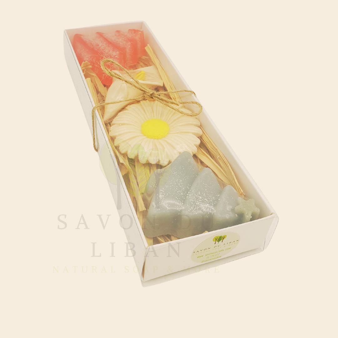 Christmas Garden Soap Set with festive Christmas tree, snowflake, daisy, and lily soaps, in a sleek white box.
