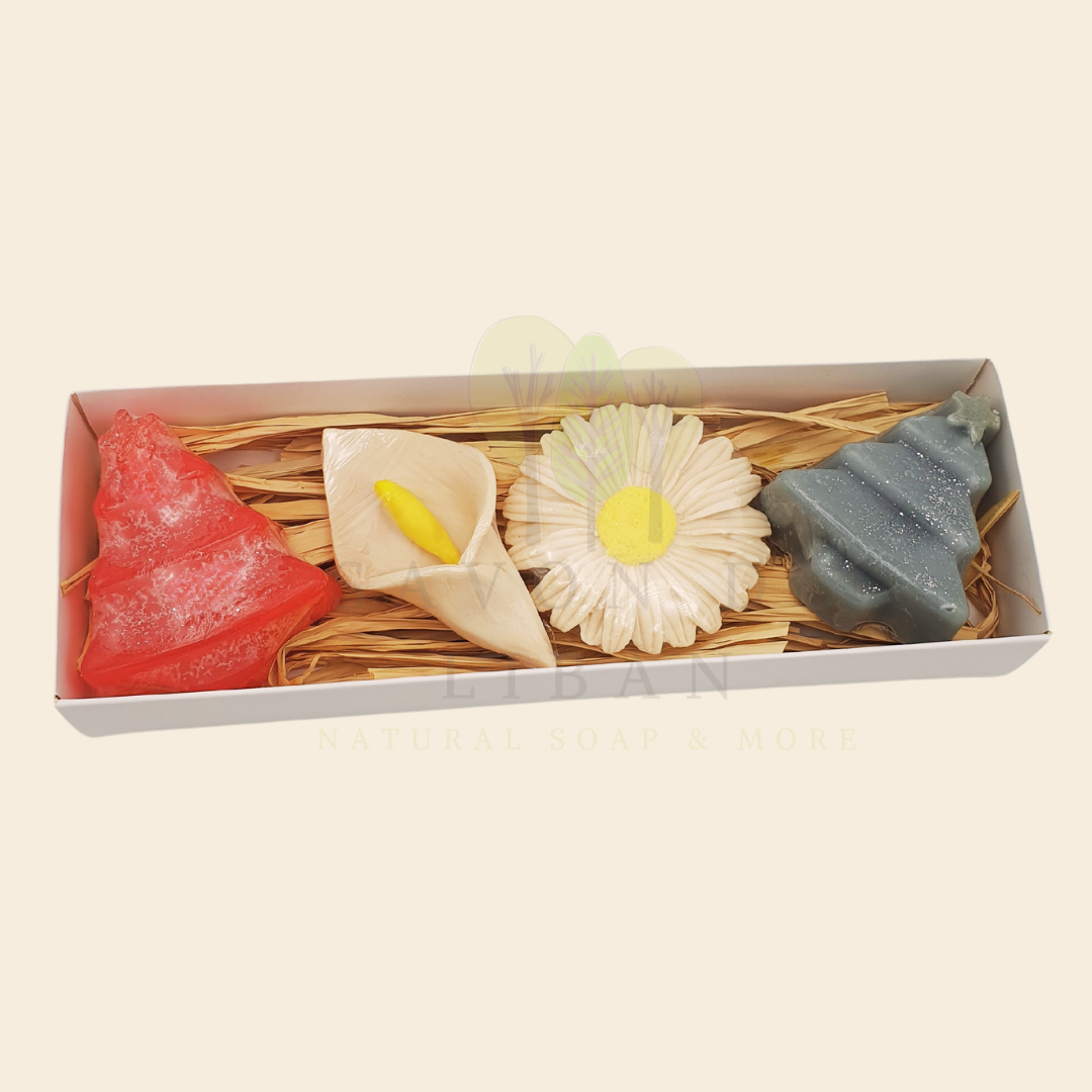 Christmas Garden Soap Set with festive Christmas tree, snowflake, daisy, and lily soaps, in a sleek white box.