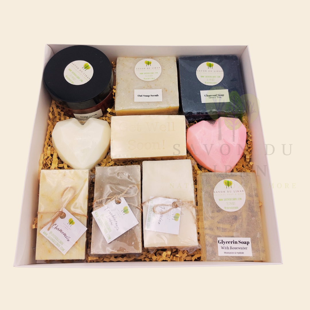 Radiance Unveiled spa gift box with soaps, scrubs, and heart soaps β perfect as get well soon gift.