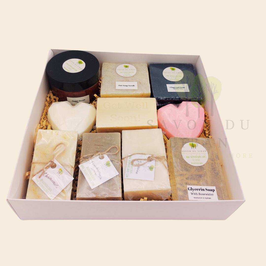 Radiance Unveiled spa gift box with soaps, scrubs, and heart soaps β perfect as get well soon gift.