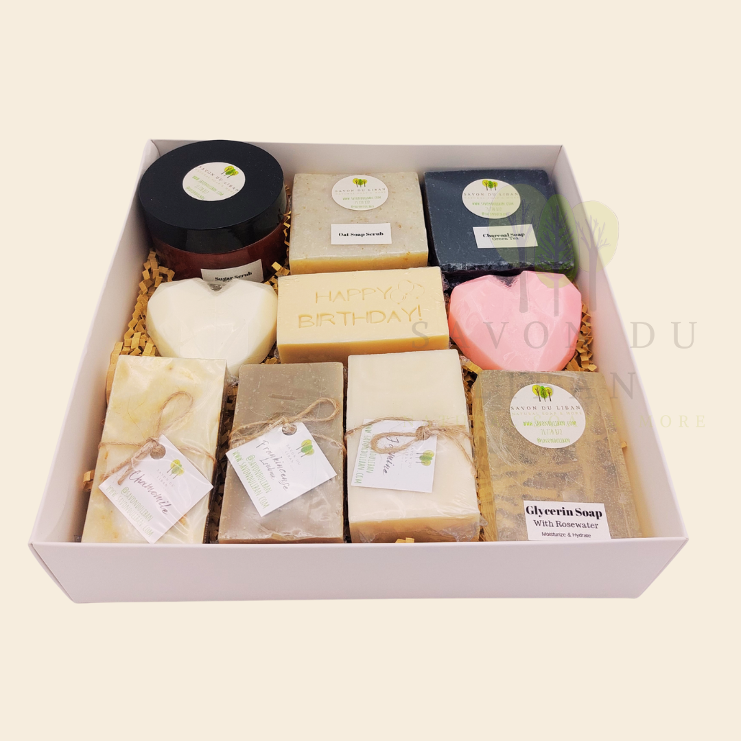 Radiance Unveiled spa gift box with soaps, scrubs, and heart soaps – perfect for birthdays or get well soon