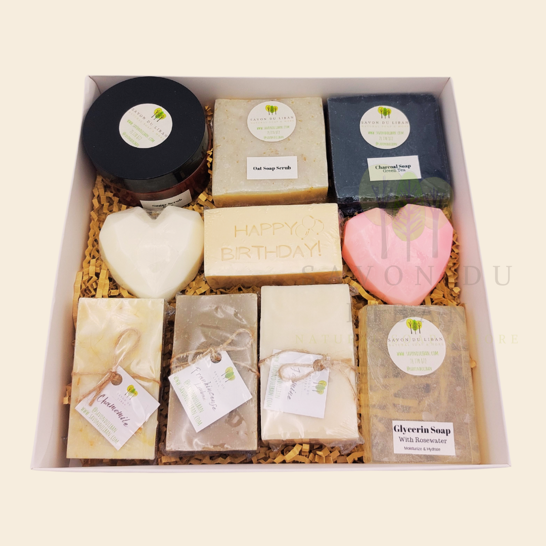 Radiance Unveiled spa gift box with soaps, scrubs, and heart soaps – perfect for birthdays or get well soon