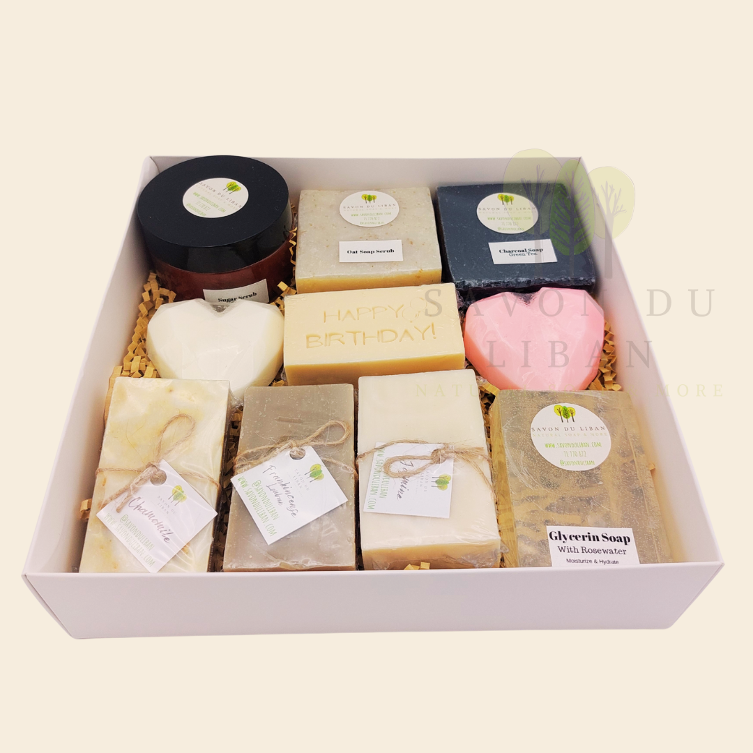 Radiance Unveiled spa gift box with soaps, scrubs, and heart soaps – perfect for birthdays or get well soon