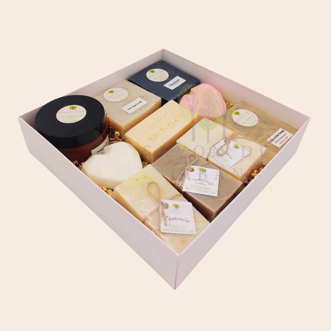 Radiance Unveiled spa gift box with soaps, scrubs, and heart soaps – perfect for birthdays or get well soon