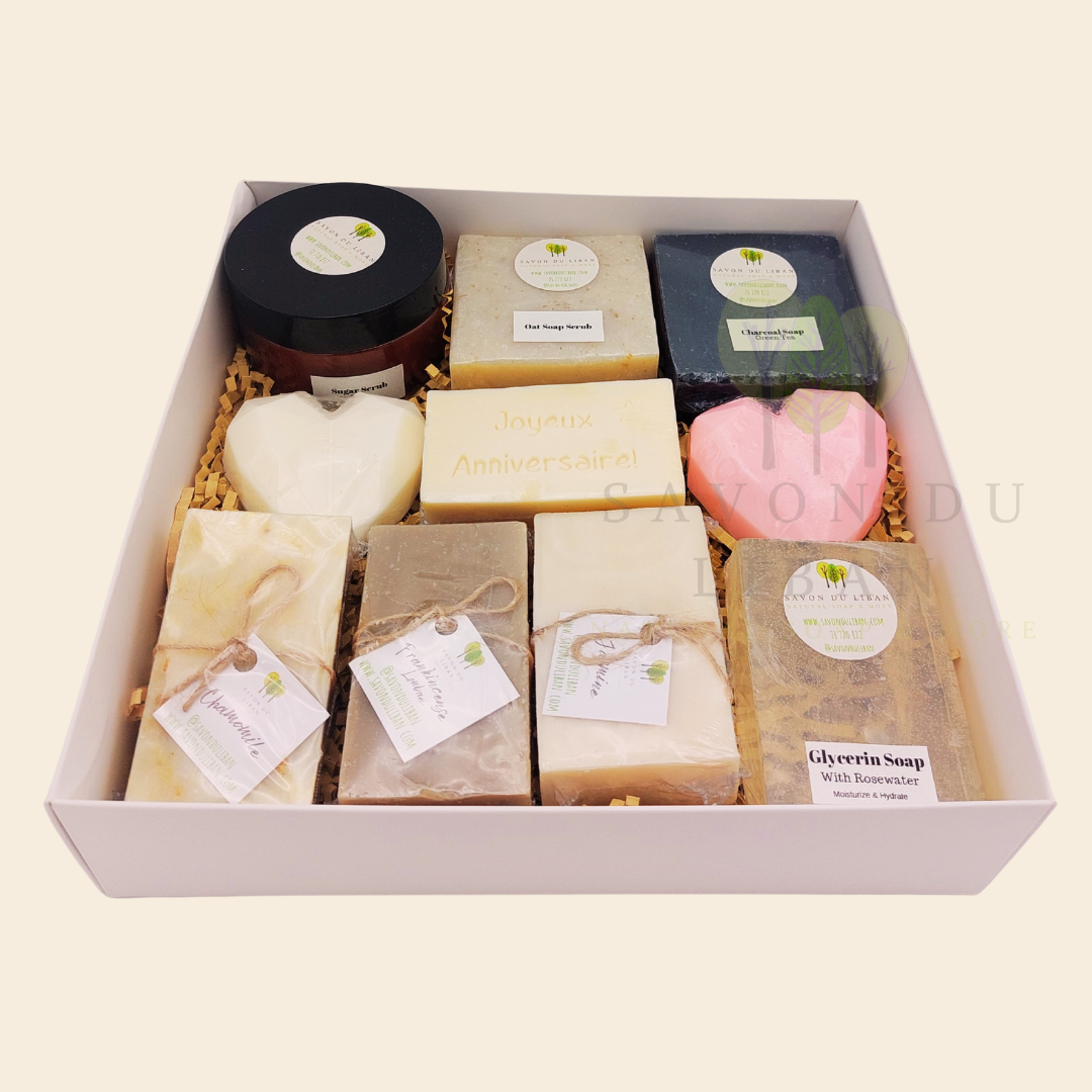 Radiance Unveiled spa gift box with soaps, scrubs, and heart soaps – perfect for birthdays or get well soon