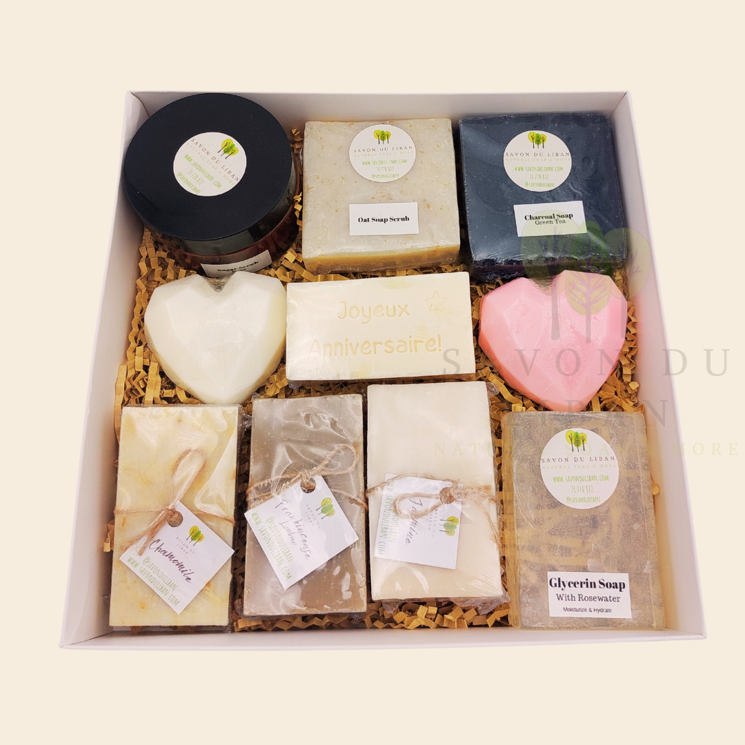 Radiance Unveiled spa gift box with soaps, scrubs, and heart soaps – perfect for birthdays or get well soon