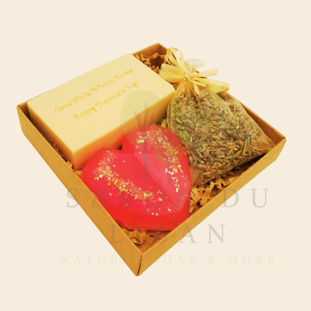 Teacher’s Relax & Enjoy Set – Stamped soap 'Grow Minds ❤️ Touch Hearts - Happy Teacher's Day!', heart soap, and lavender bag in a 11x11x2.5 cm craft box with transparent cover.