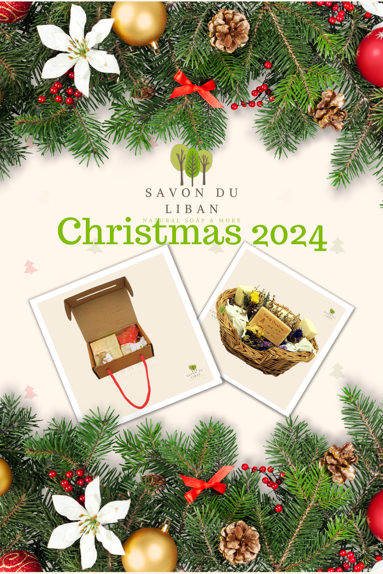 Christmas 2024 Collection at Savon Du Liban. A wide variety of Christmas Gift Sets on this Festive Season made of Handmade Natural Soaps & Embroidered Towels, all from Lebanon.