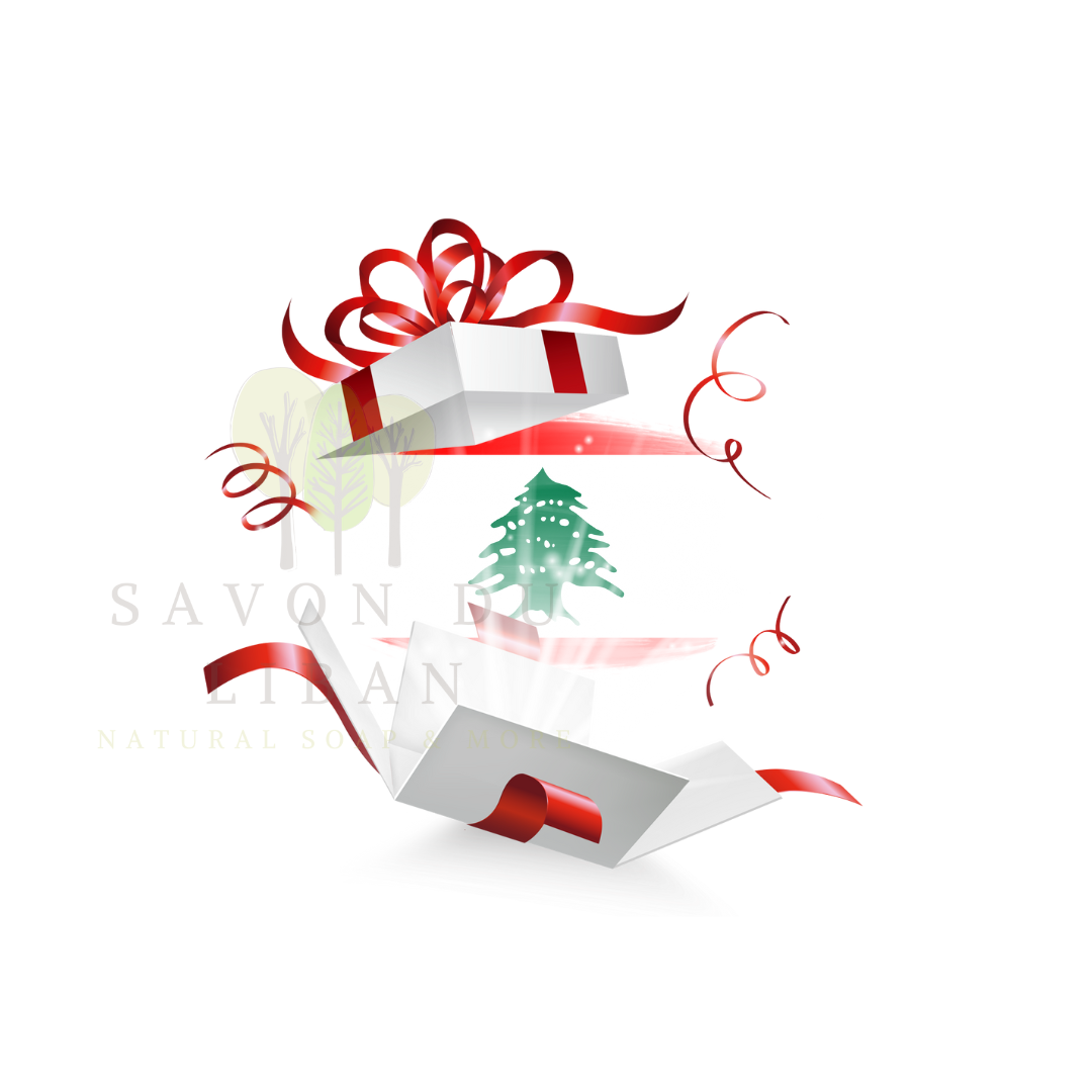 Traditional Lebanese gift boxes with embroidered towels and natural soaps, featuring tarboosh soap and cedar designs