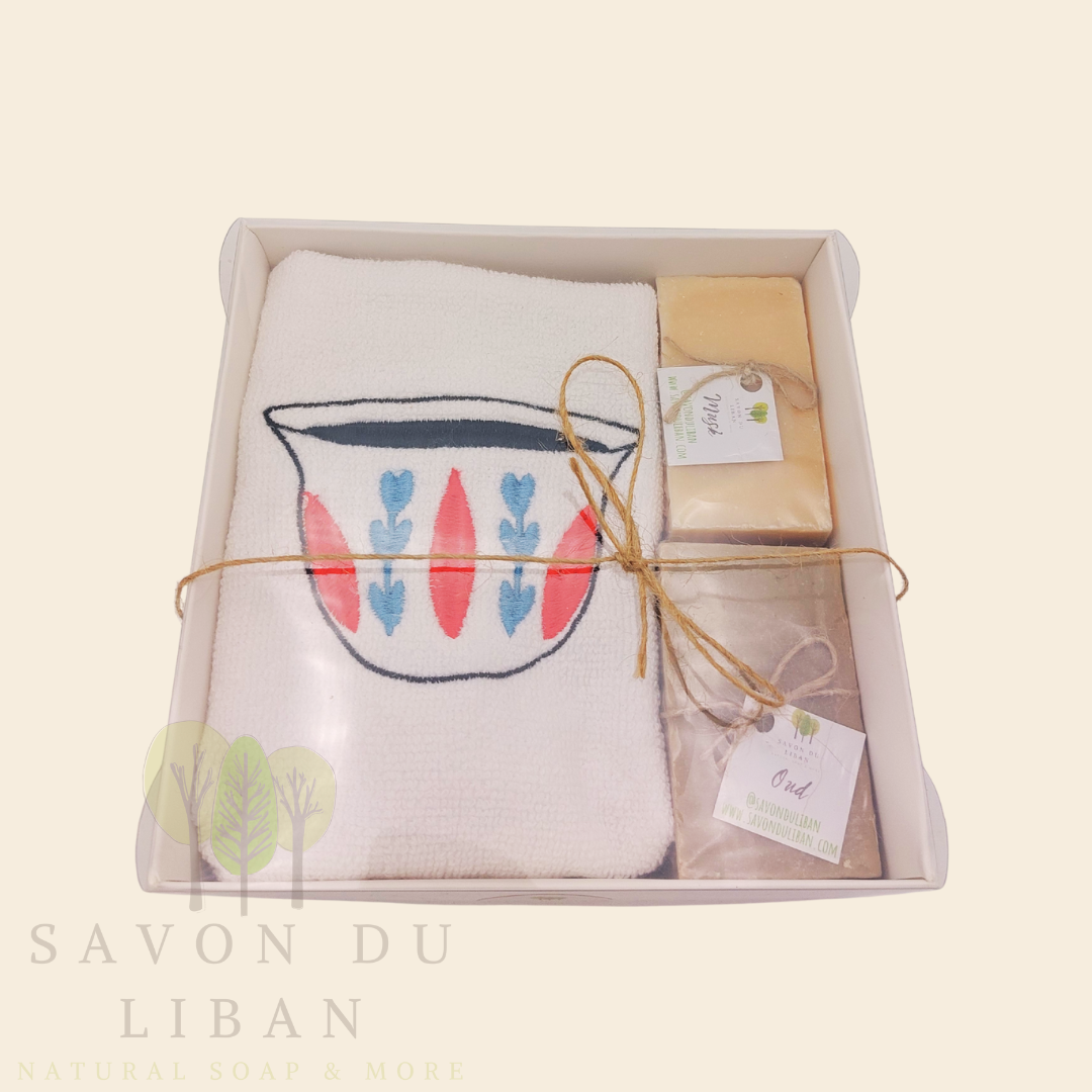 Al Shaffeh gift box with embroidered towel and Lebanese soaps.