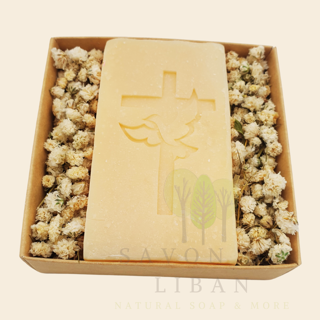 Bloom & Bless Baptism Set: Stamped Artisanal Lebanese Soap along with Dried Flowers in 8x8x2.50 cm kraft with Transparent Lid. Soap "Cross with Dove".