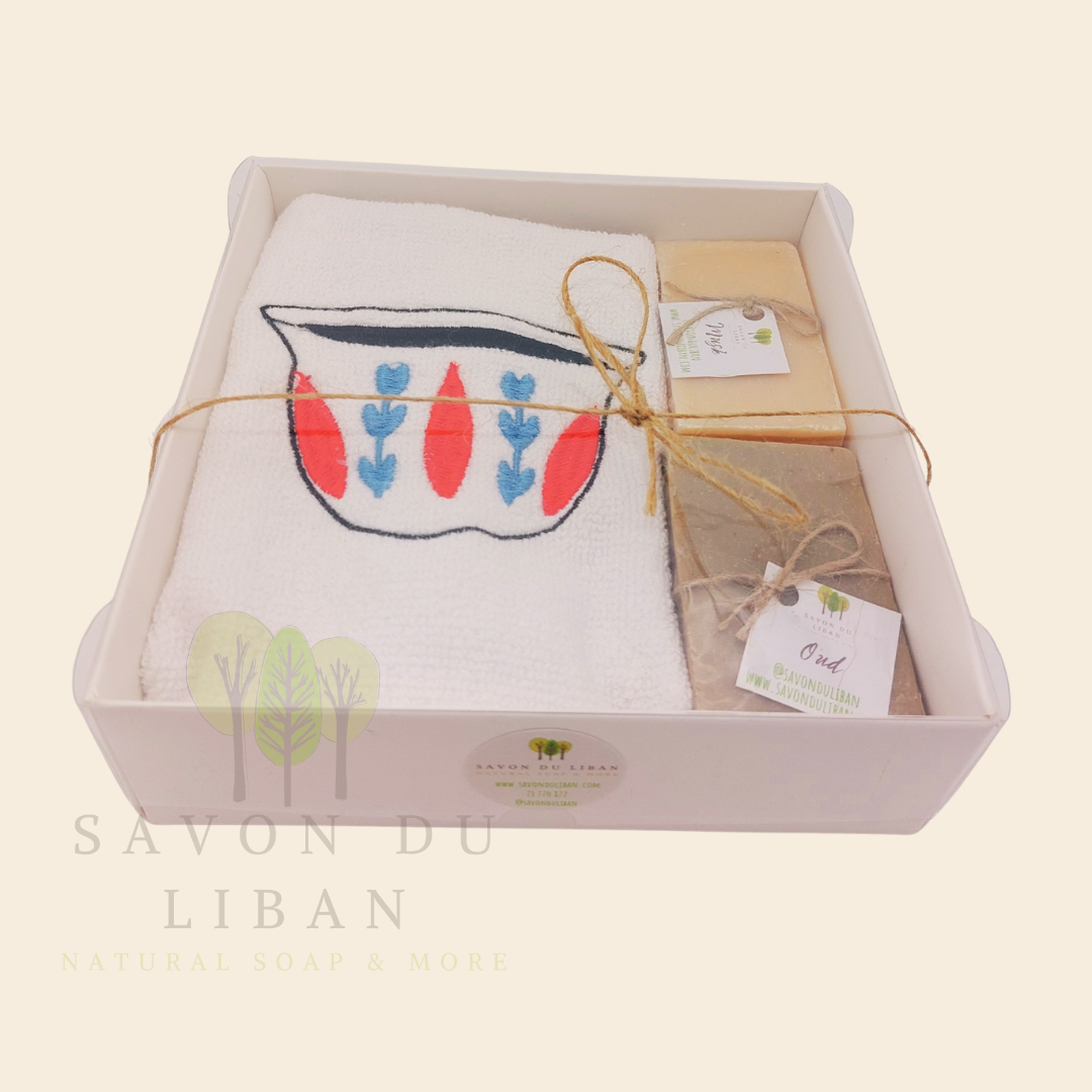 Al Shaffeh gift box with embroidered towel and Lebanese soaps.
