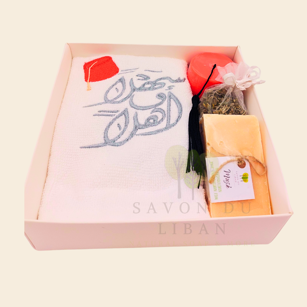 Retro Charm of Lebanon embroidered towel and soap gift box.