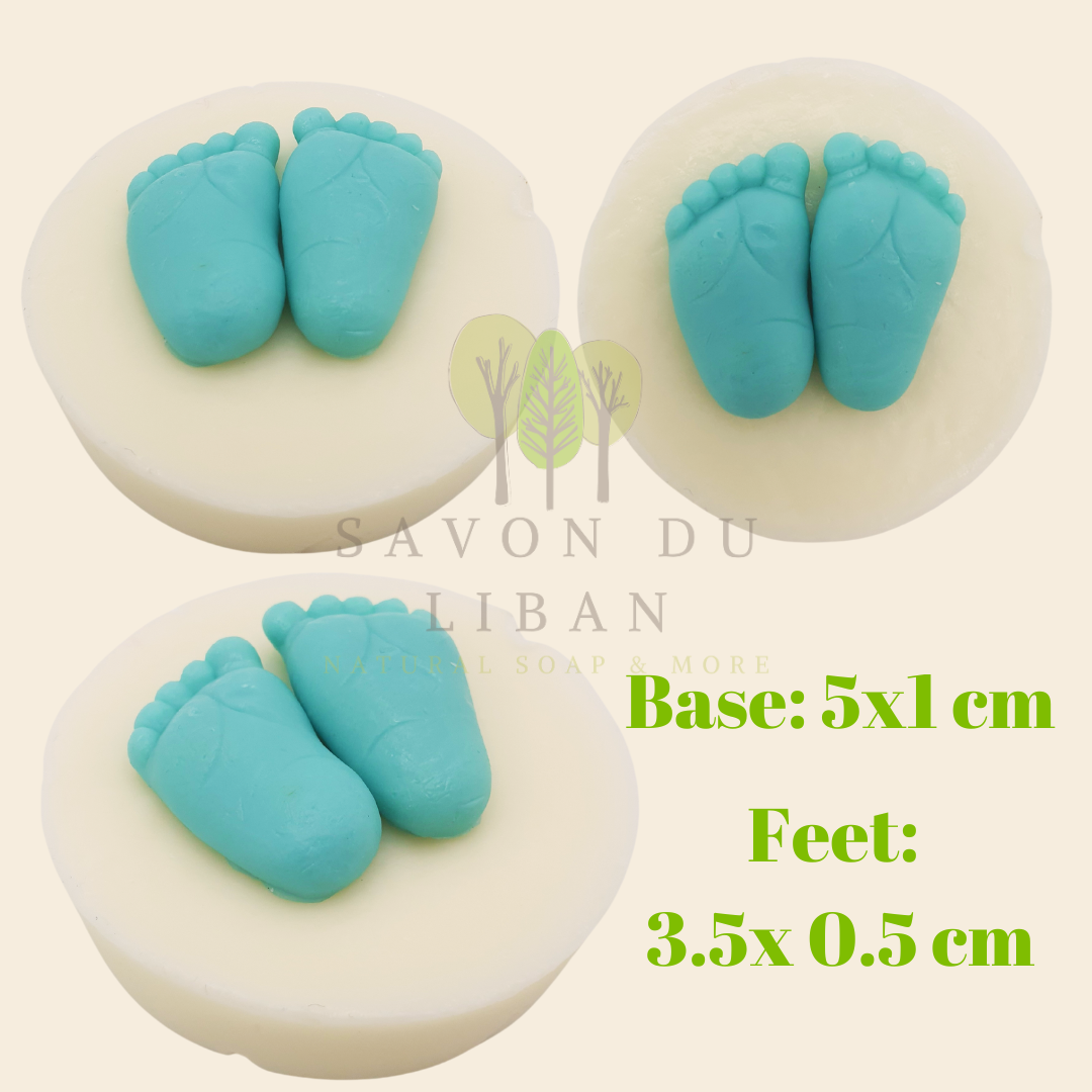 Tiny Toes Soap Treasures: Feet on Round Base in various colors by Savon Du Liban, shaped like tiny baby feet