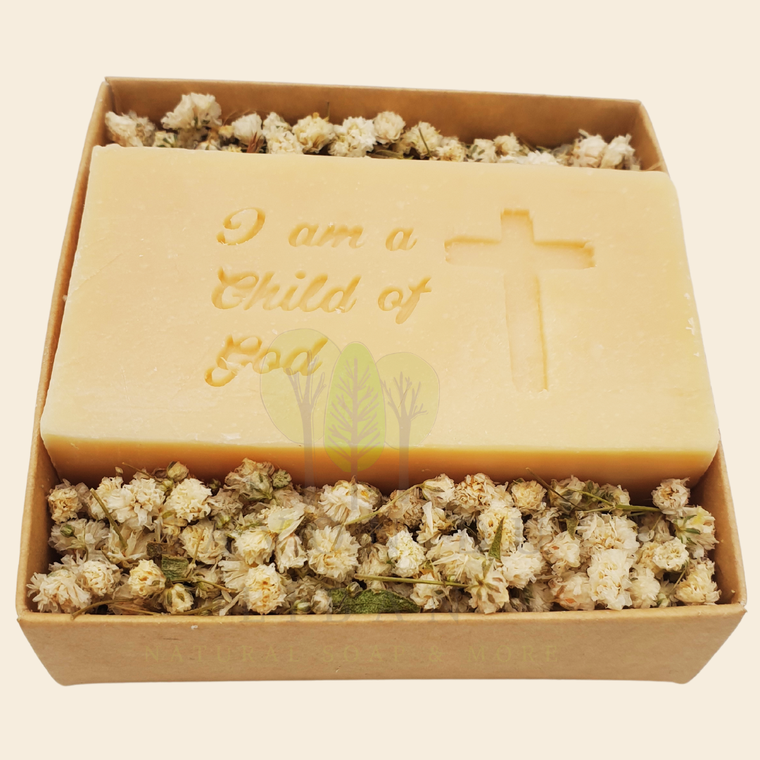 Bloom & Bless Baptism Set: Stamped Artisanal Lebanese Soap along with Dried Flowers in 8x8x2.50 cm kraft with Transparent Lid. Soap in English "I Am A Child of God"