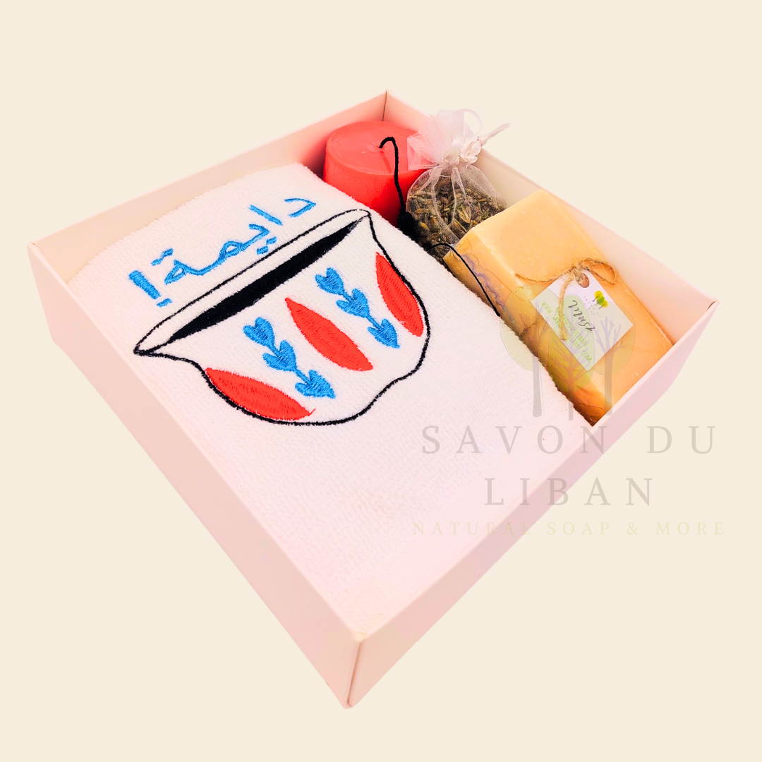 Retro Charm of Lebanon embroidered towel and soap gift box.