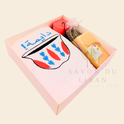 Retro Charm of Lebanon embroidered towel and soap gift box.