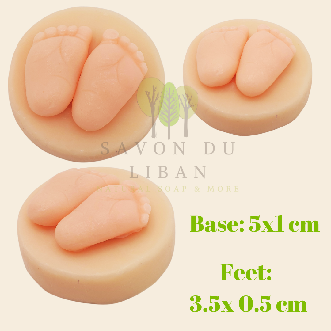 Tiny Toes Soap Treasures: Feet on Round Base in various colors by Savon Du Liban, shaped like tiny baby feet