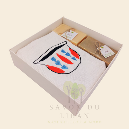 Al Shaffeh gift box with embroidered towel and Lebanese soaps.