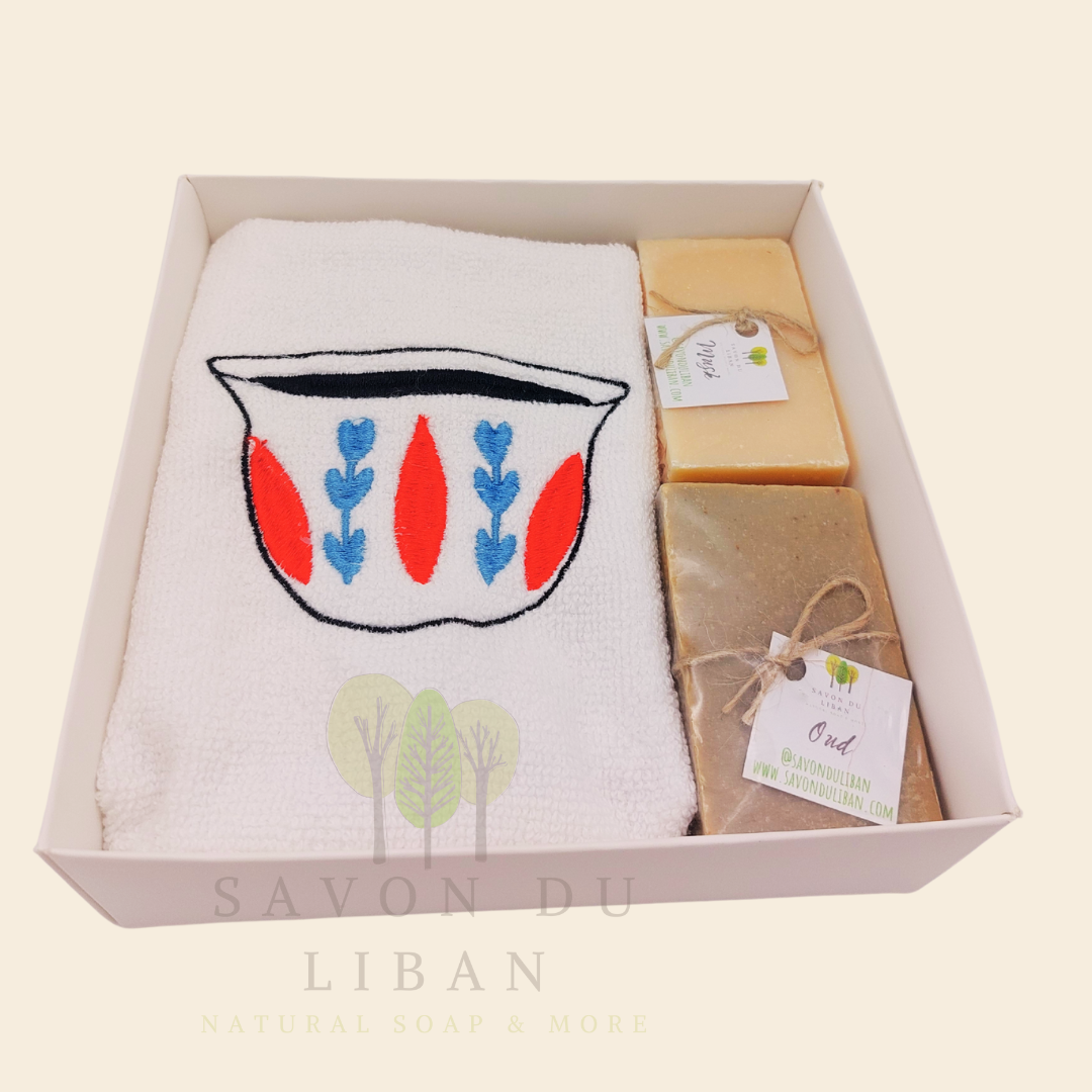 Al Shaffeh gift box with embroidered towel and Lebanese soaps.
