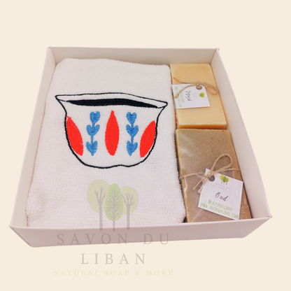 Al Shaffeh gift box with embroidered towel and Lebanese soaps.