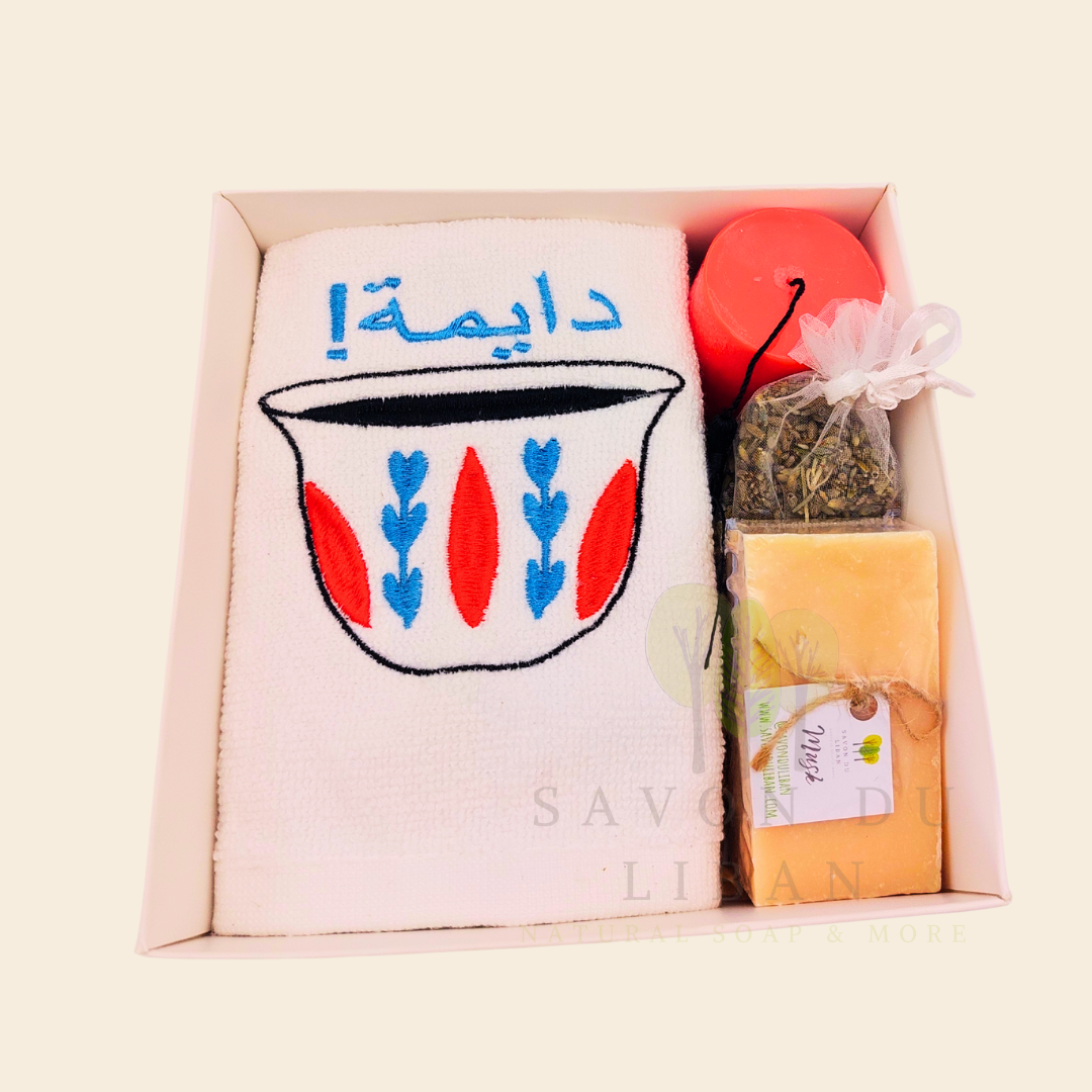 Retro Charm of Lebanon embroidered towel and soap gift box.