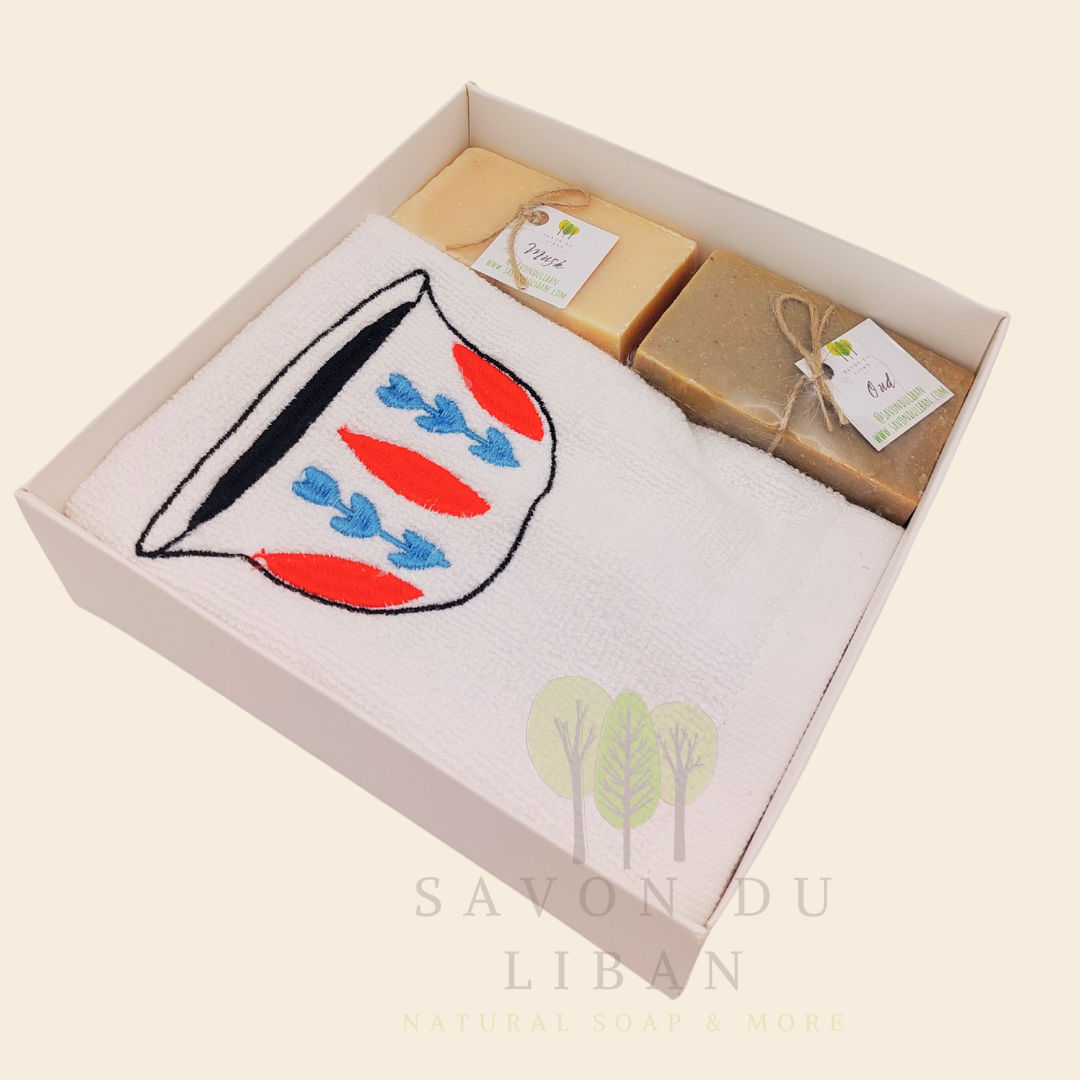 Al Shaffeh gift box with embroidered towel and Lebanese soaps.