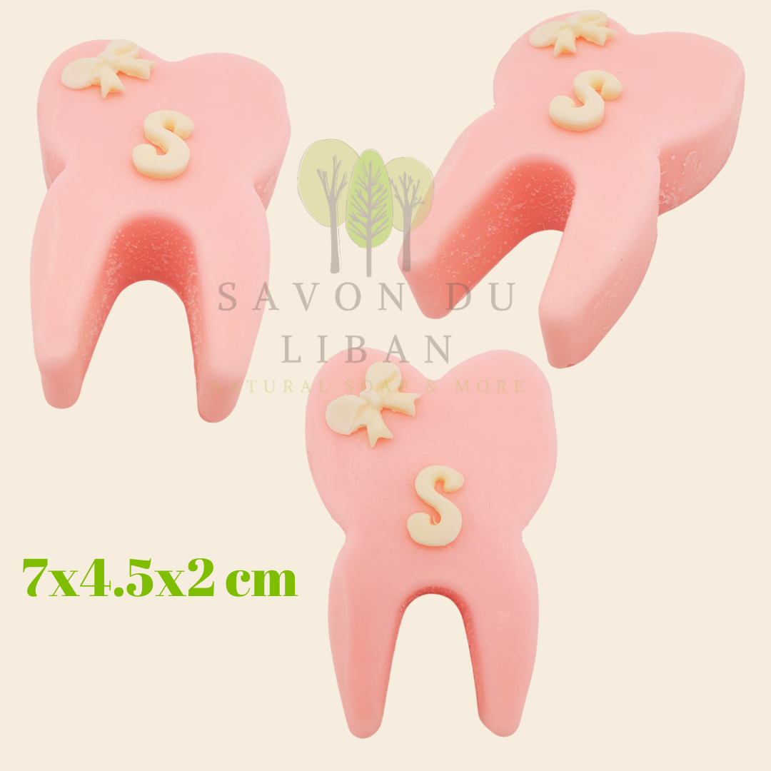 First Tooth Soap Treasures in various colors by Savon Du Liban, shaped like tiny teeth