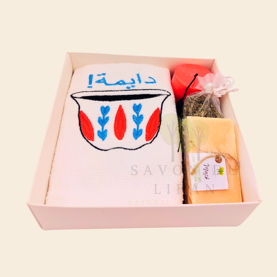 Retro Charm of Lebanon embroidered towel and soap gift box.