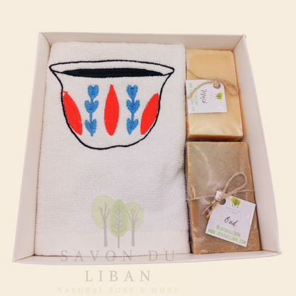 Al Shaffeh gift box with embroidered towel and Lebanese soaps.