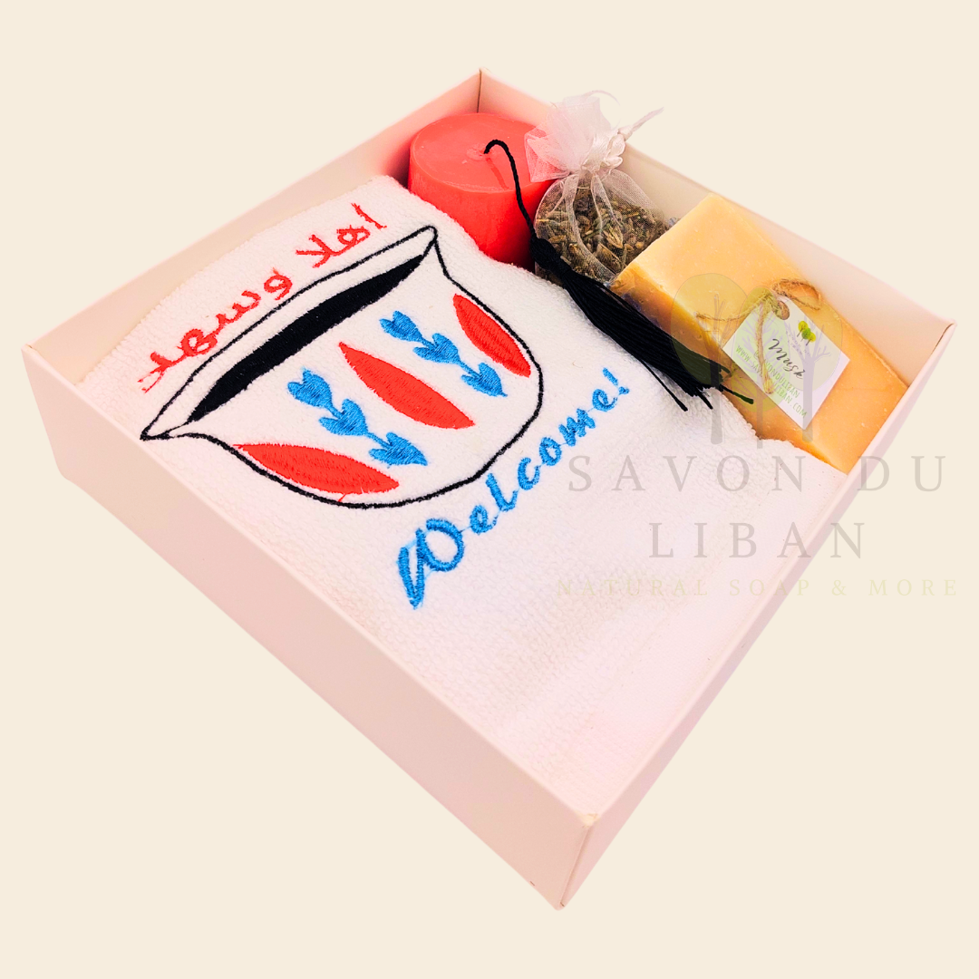Retro Charm of Lebanon embroidered towel and soap gift box.
