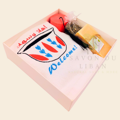 Retro Charm of Lebanon embroidered towel and soap gift box.