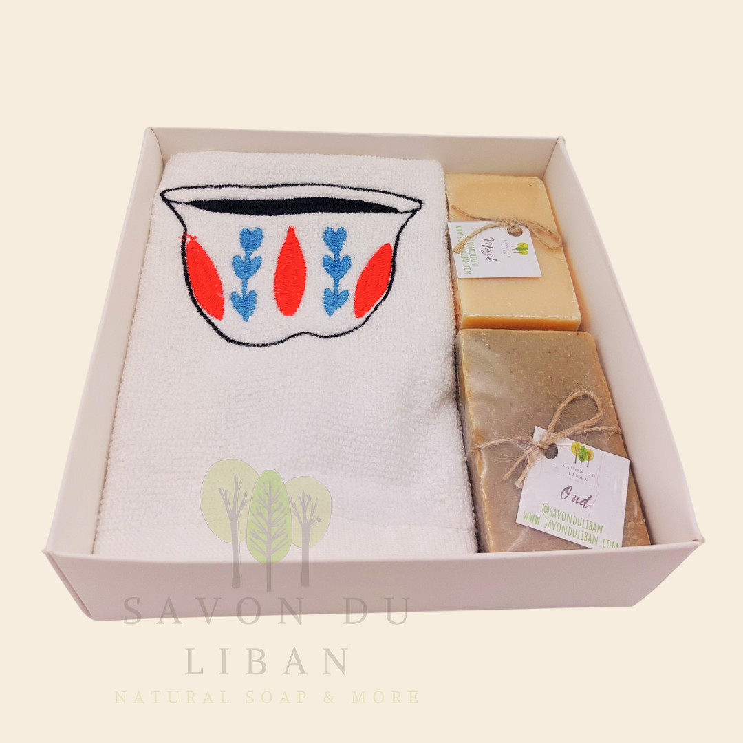 Al Shaffeh gift box with embroidered towel and Lebanese soaps.