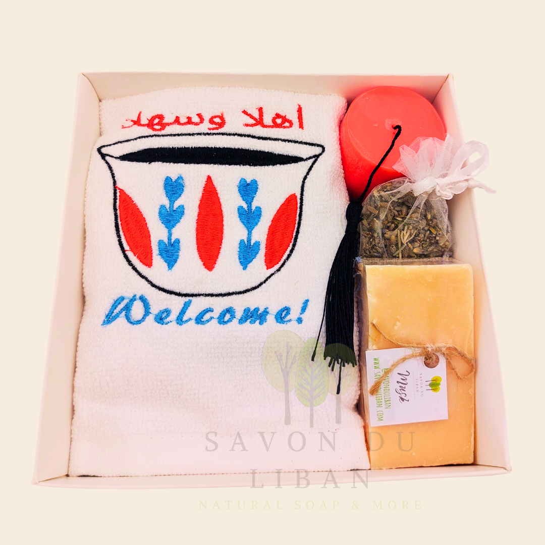 Retro Charm of Lebanon embroidered towel and soap gift box.