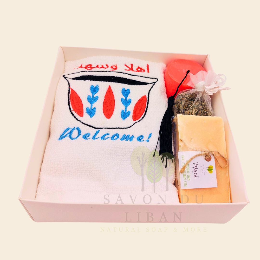 Retro Charm of Lebanon embroidered towel and soap gift box.