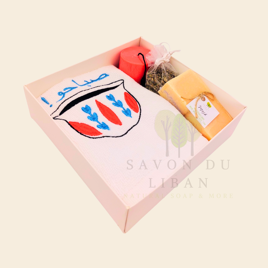 Retro Charm of Lebanon embroidered towel and soap gift box.