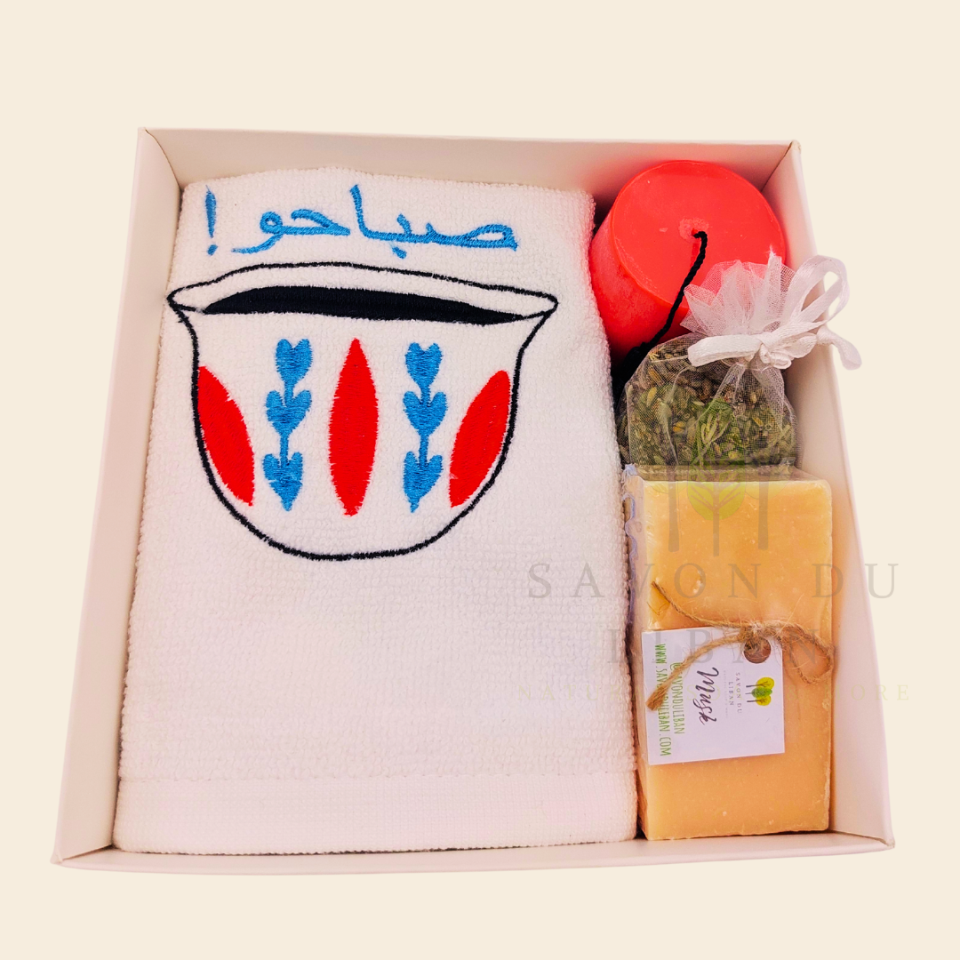 Retro Charm of Lebanon embroidered towel and soap gift box.